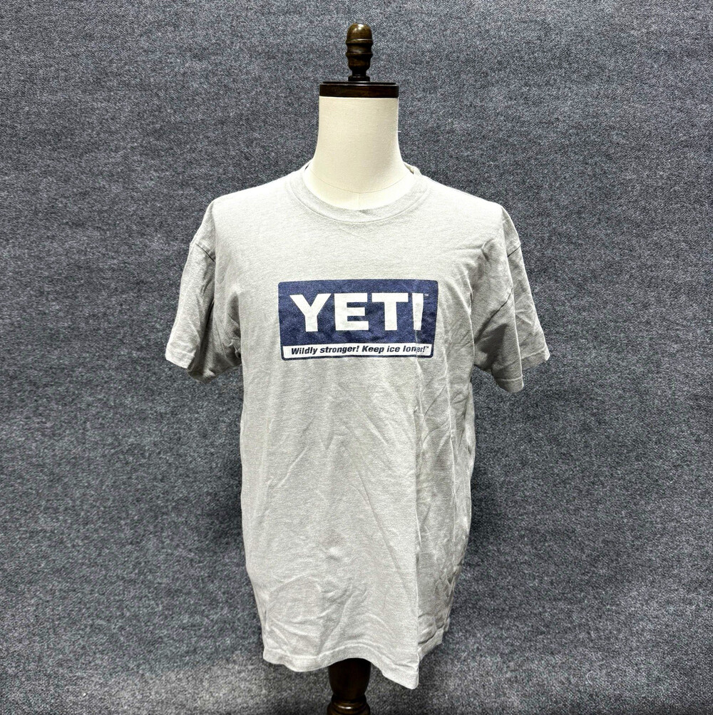 YETI Men’s Large Gray Logo T-Shirt Wildly Stronger Keep Ice Longer Graphic Tee
